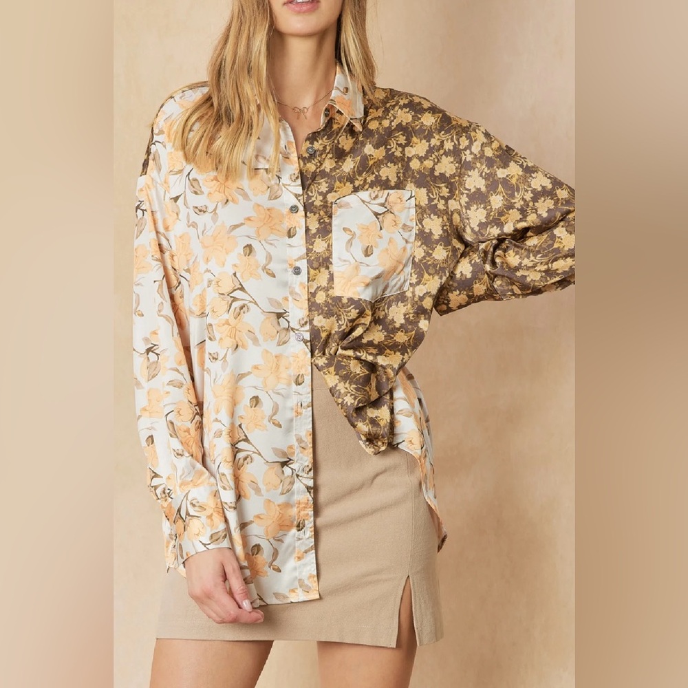 Entro Women’s Mixed Print Floral Oversized Blouse Top Plus Size 2X Button Shirt